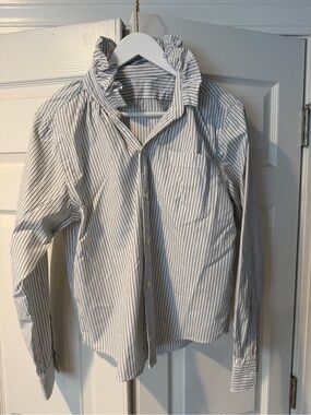 KMJ Women's White Button-Up Shirt with Thin Black Stripes